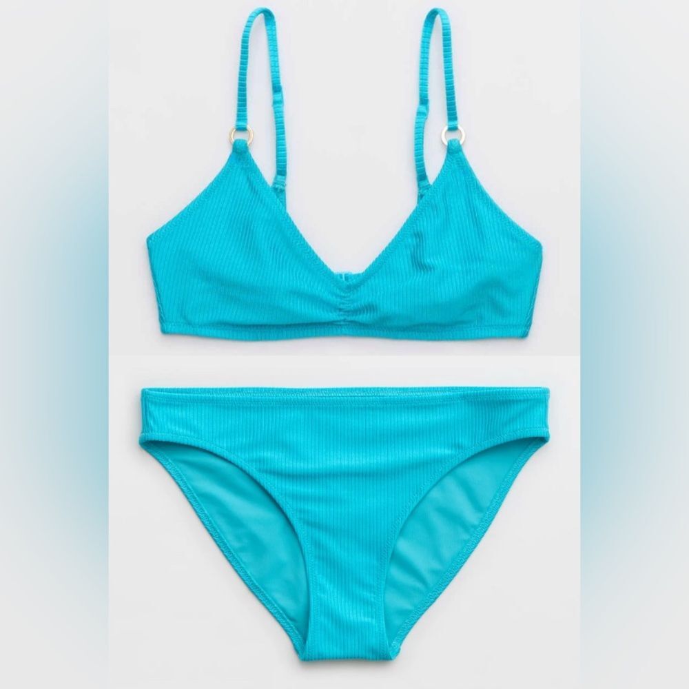 NWT Aerie FULL SET Beach Babe Shine Rib Voop Top + Full Coverage Bottom Blue - L